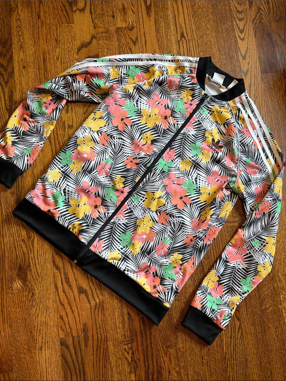 EUC adidas Tropical Floral Print Jacket in Black, Yellow, Coral, Green YXL
